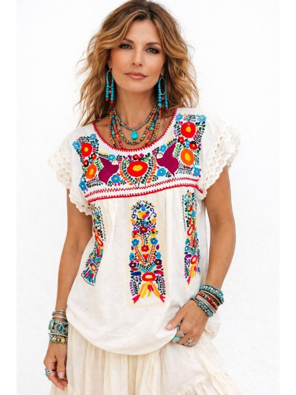 Vintage Mexican Whiter Embroidered Blouse Floral Boho Lace Sleeves Southwest M